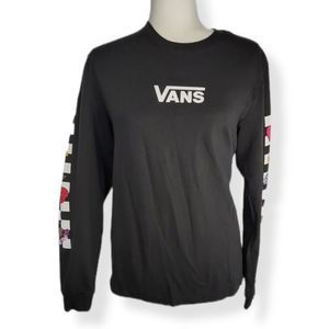 Vans Black long sleeve crewneck tee with floral checkboard pattern on sl…
